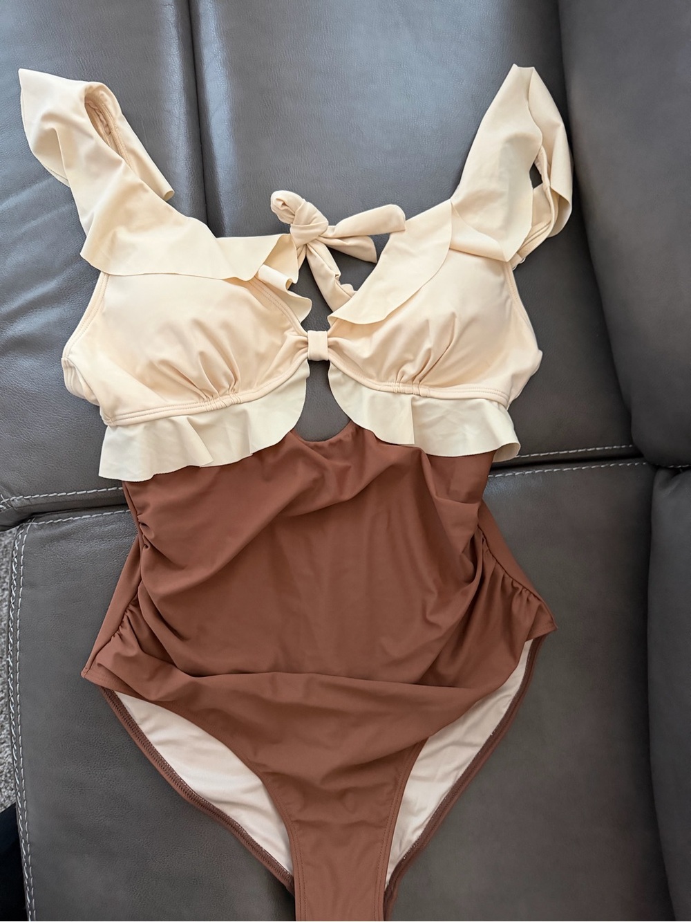 Ruffled Two-Tone One-Piece Swimsuit in Cream and Brown